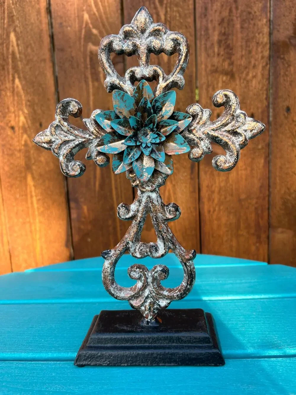 Rustic Cast Iron Standing Cross Turquoise Fleur De Lis Western Home Decor